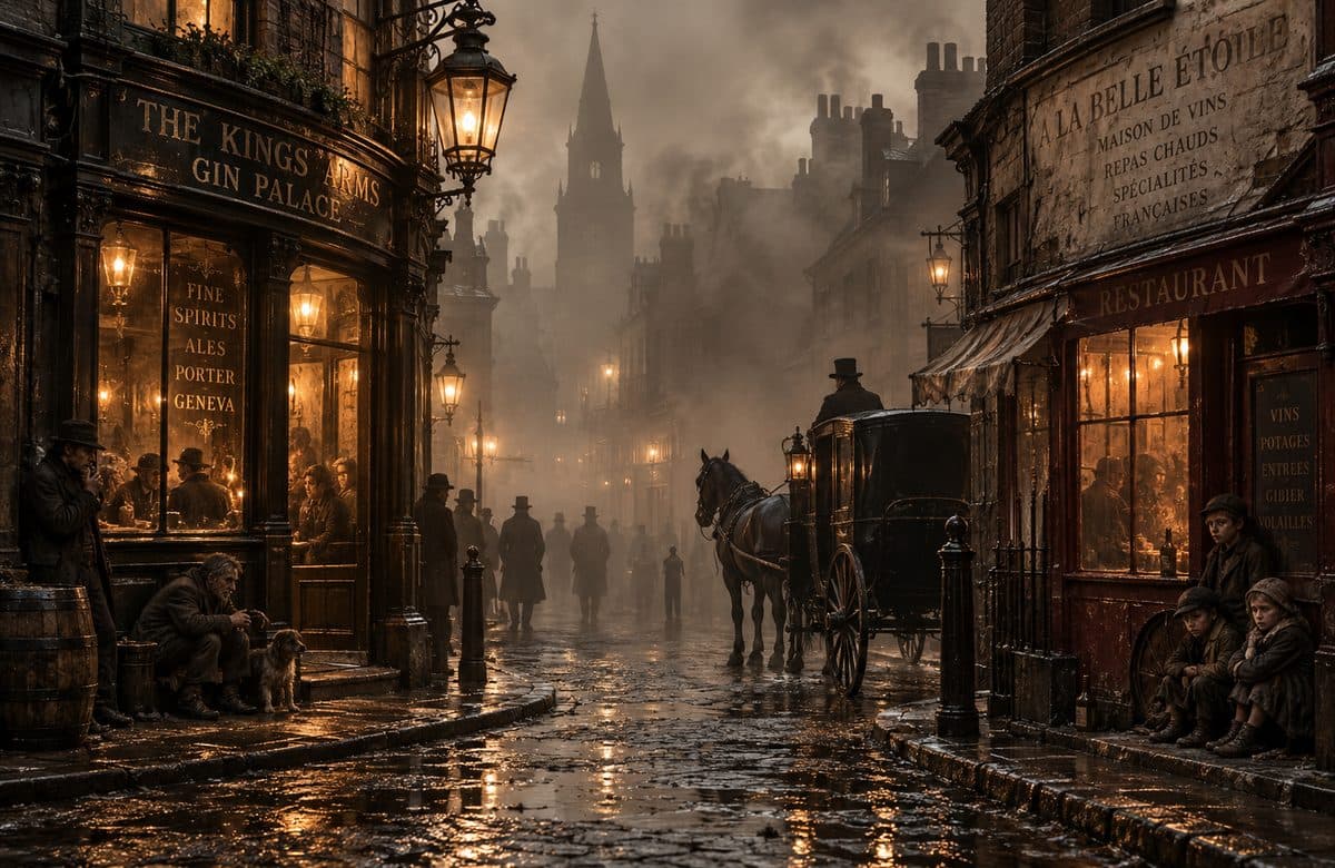 A foggy Soho street with a gin palace and a French restaurant, ragged children in a doorway and a cab at the kerb.